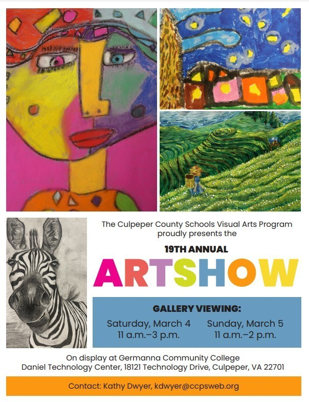 culpeperschools's tweet image. The 19th Annual CCPS Art Show is this weekend!
Saturday, March 4 from 11 a.m.–3 p.m. and Sunday, March 5 from 11 a.m.–2 p.m. at at Germanna Community College Daniel Technology Center, 18121 Technology Drive, Culpeper, VA 22701