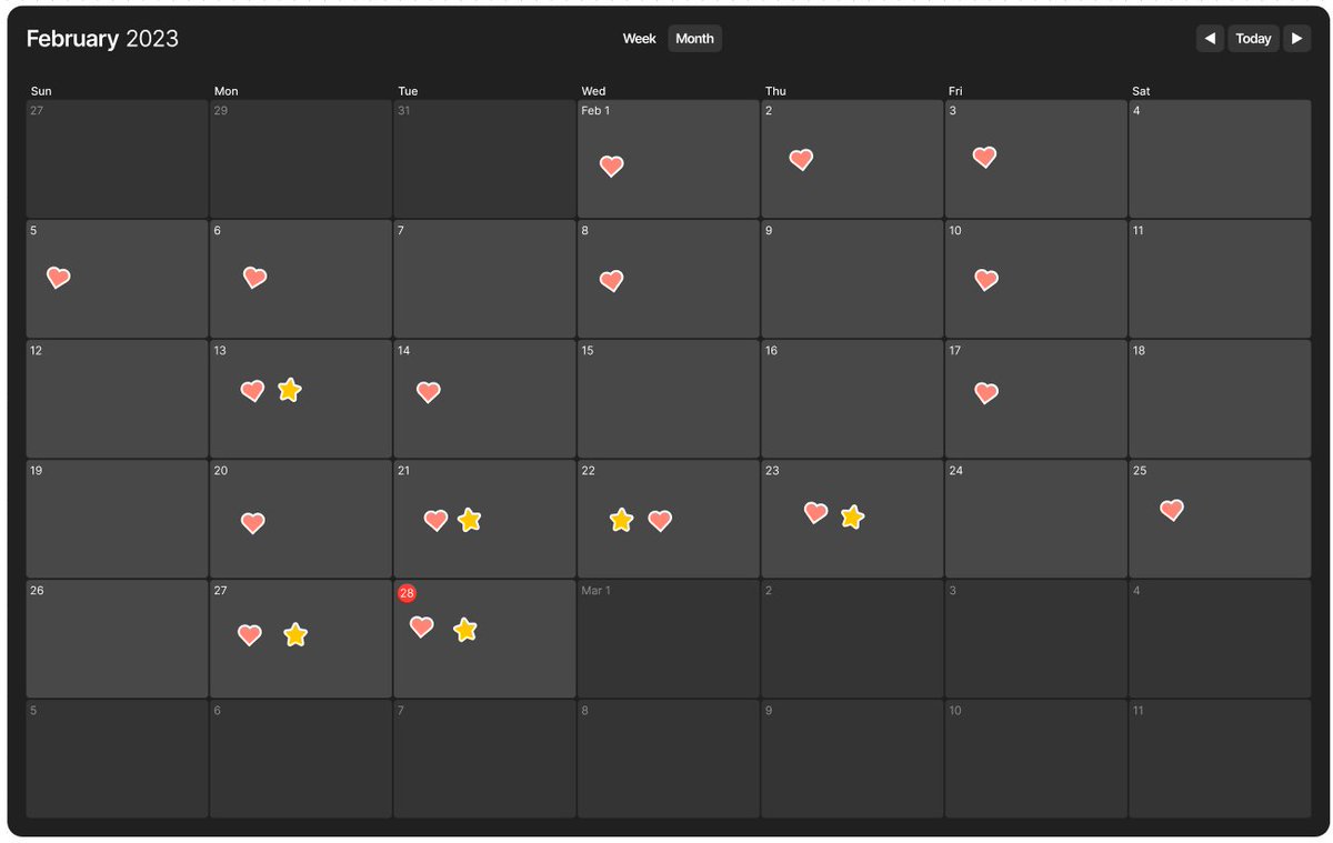 dotfrank's tweet photo. This past month I've kept a fullscreen Figjam calendar open on my computer, and used ❤️ and ⭐️ stamps to keep accountability to my exercise and meditation goals. https://t.co/FDmtnsca5T