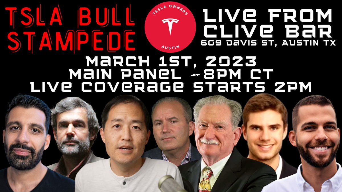 farzyness's tweet photo. Join us TOMORROW, March 1st starting at 2PM CENTRAL at Clive Bar in Austin, TX's Rainey District for full-day coverage of Tesla's Investor Day!

Doors open at 2PM. Investor Day will be livestreamed on-location, with pre-post show coverage. Main panel starts ~8PM CT.

$TSLA https://t.co/Mj3O13WsF5