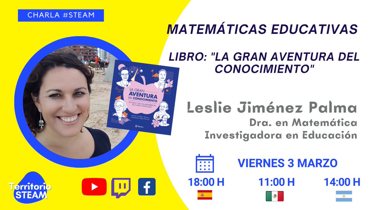 🔊 El 3 de marzo tendremos como invitada a Leslie Jiménez <a href="/ljimenez83/">Leslie Jiménez #ellalamatematica #mathcomm 🌳</a> Dra. en Matemáticas e investigadora en Educación

Charla online: bit.ly/3juTbcK

Colabora: <a href="/Technolatinas/">TechnoLatinas ✨</a>
Moderan: <a href="/rosana_rivera/">Rosana Rivera</a>  y <a href="/RemediosFdez/">Remedios Fernández</a>

#educacionSTEAM #claustrovirtual #territorioSTEAM