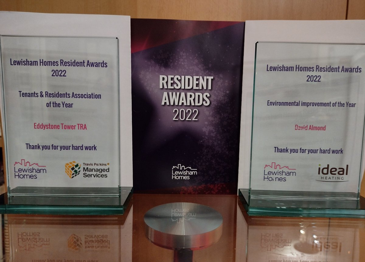 Dissillusioned6's tweet photo. Eddystone Tower were delighted to have Won these Awards at this evenings @lewishamhomes Resident Awards.
Big thanks to Lewisham Homes Customer Relations Team who organised a brilliant event.
@LewishamCouncil https://t.co/YrpU9OgMha