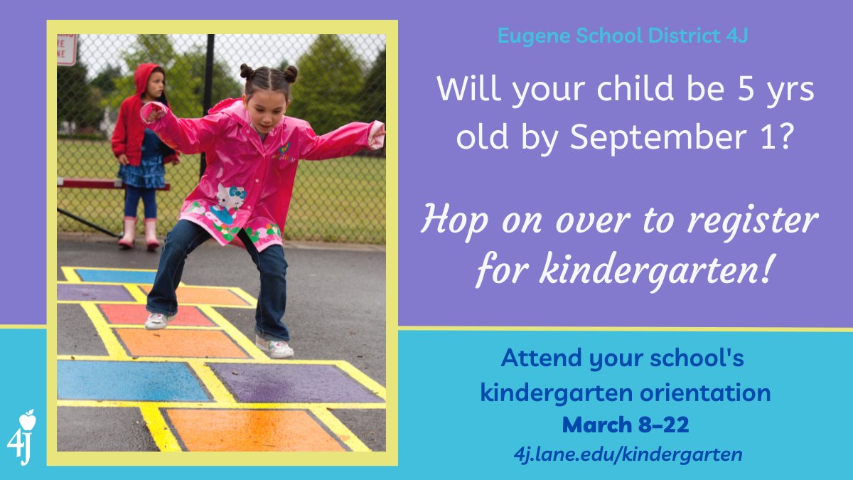⌚️If your child will turn 5 by Sept 1, it's time to register for kindergarten. Attend your school's kindergarten orientation to learn about the enrollment process, meet your teachers, and more. Learn more: 4j.lane.edu/kindergarten
