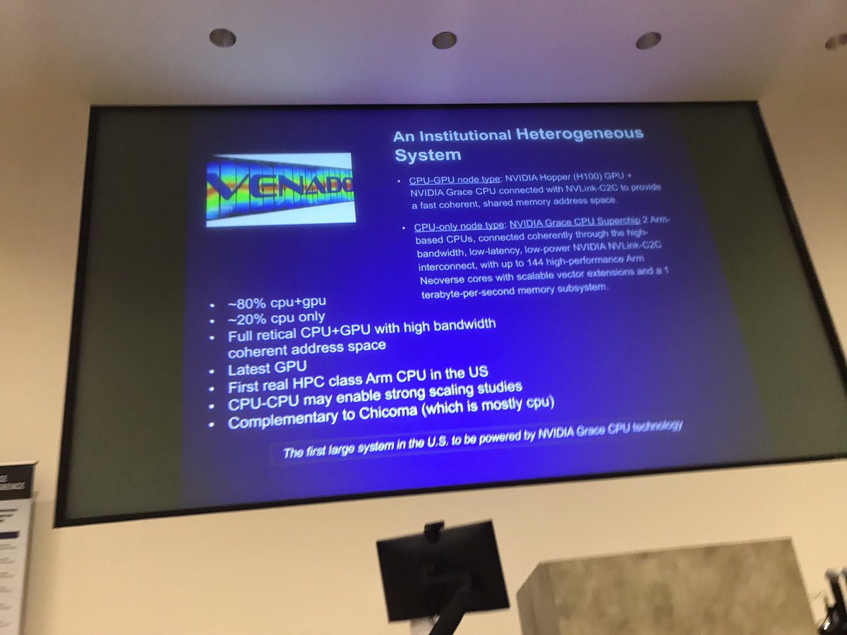 addisonsnell's tweet photo. At #EnergyHPC, Gary Grider @LANL_Innovation previews Venado supercomputer, with @nvidia  Grace Hopper architecture, as “First real #HPC-class ARM CPU in the U.S.” #EHPC23 https://t.co/Hb9lchlYtZ
