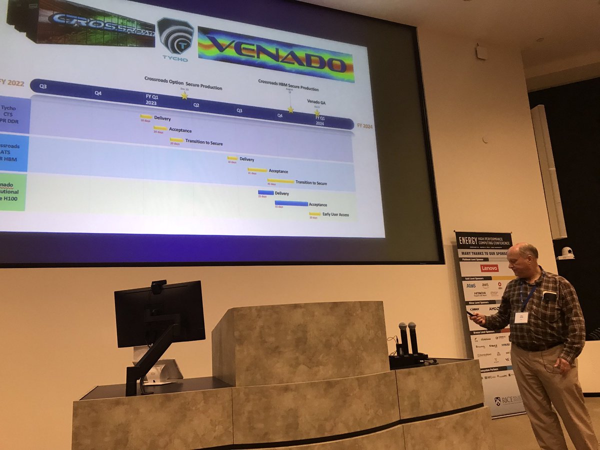 addisonsnell's tweet photo. At #EnergyHPC, Gary Grider @LANL_Innovation previews Venado supercomputer, with @nvidia  Grace Hopper architecture, as “First real #HPC-class ARM CPU in the U.S.” #EHPC23 https://t.co/Hb9lchlYtZ