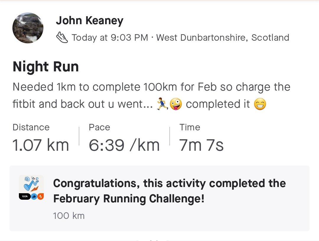 After running 10+km tonight from Inchinnan to Clydebank my fitbit died 😫 I needed 1km to complete 100km 🏃‍♂️ in Feb so quick charge and oot the door I went 💪 #progress #BringonMarch #running #February2023