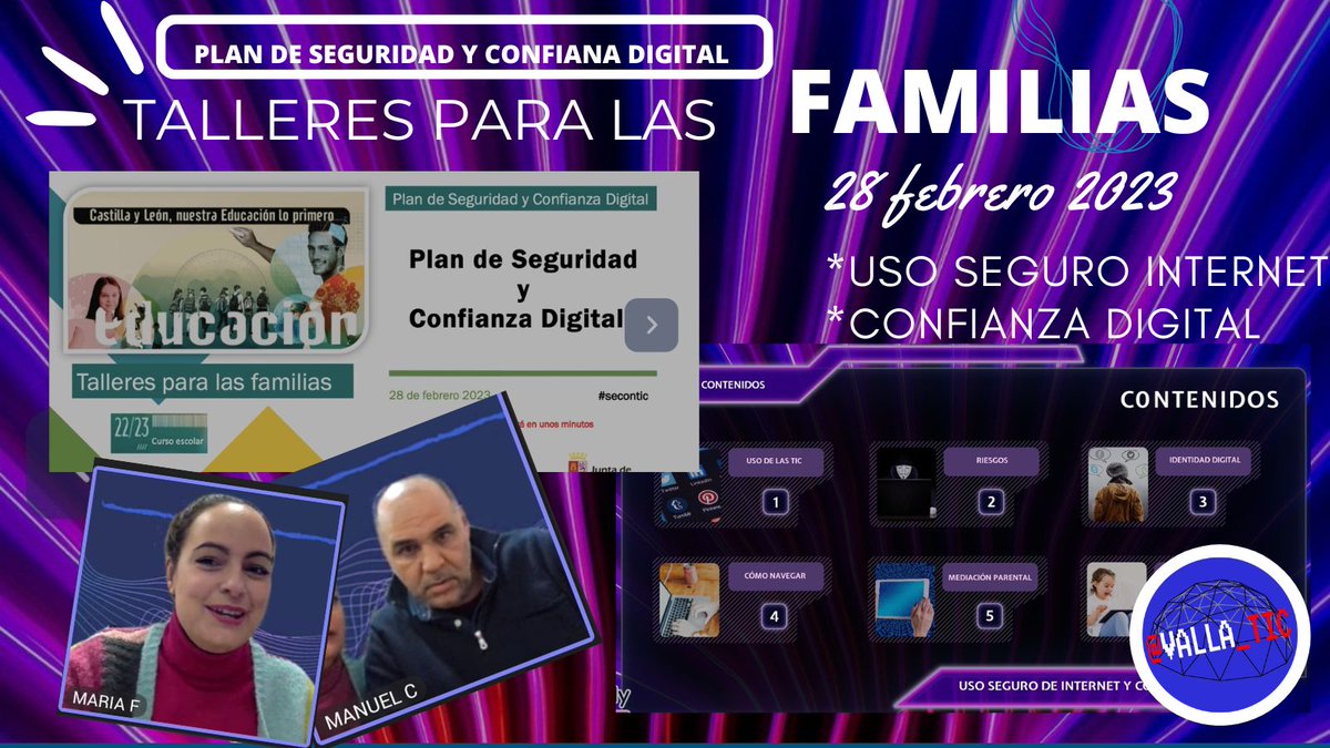 🏘🌐Continuamos con las actividades formativas dirigidas a las familias, dentro del Plan de Seguridad y Confianza Digital

▪️👩‍💻Uso de las TIC
▪️⚠️Riesgos
▪️👣Identidad Digital
▪️🌐Cómo navegar
▪️👪Mediación parental
▪️⏱️Salud Digital

 #secontic <a href="/educacyl/">Educación JCyL</a> <a href="/cfievalladolid/">CFIE VALLADOLID</a> #PSCD