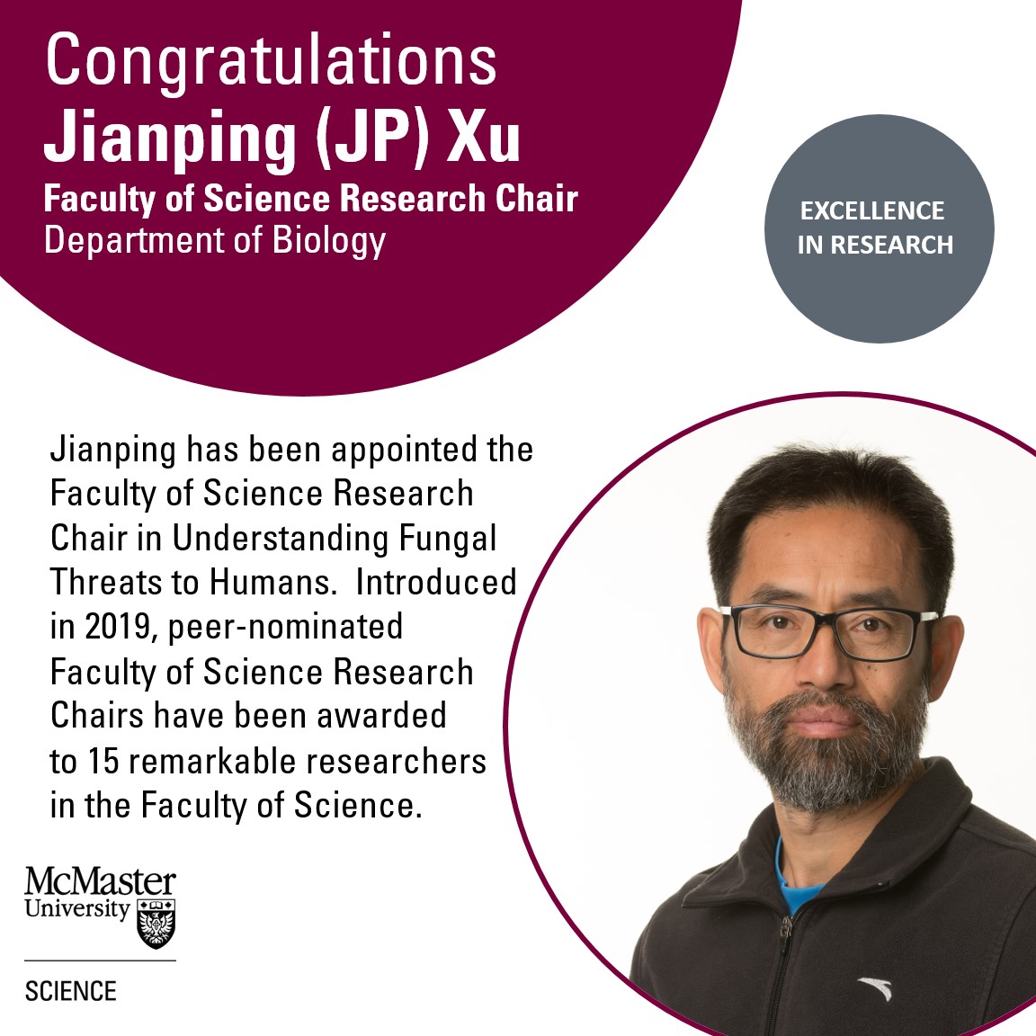 McMaster Faculty of Science (@mcmasterscience) on Twitter photo Congratulations to <a href="/McMasterU/">McMaster University</a>'s Jianping (JP) Xu on his appointment as Faculty of Science Research Chair in Understanding Fungal Threats to Humans. Congratulations to <a href="/McMasterU/">McMaster University</a>'s Jianping (JP) Xu on his appointment as Faculty of Science Research Chair in Understanding Fungal Threats to Humans.