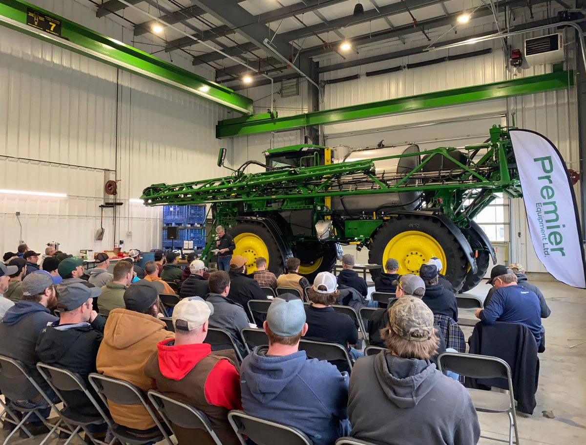 PremierEquip1's tweet photo. Excellent John Deere Sprayer Clinic hosted in Norwich today! Many thanks to the great group of operators who came out to learn about pre-season checks, new tech and being prepared to capture and make the most of application data! #OntAg #JohnDeere #Sprayer #spray23 https://t.co/VeZAvy6pN8
