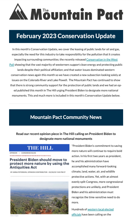 themountainpact's tweet photo. Read @TheMountainPact February #ConservationUpdate that covers current issues impacting western mountain communities like #climatechange, how @POTUS should designate more #nationalmonuments, &amp; how to @BLMNational can do more to protect our #Publiclands.
https://t.co/b5KFB1kvr4 https://t.co/zKgZBQPlFK