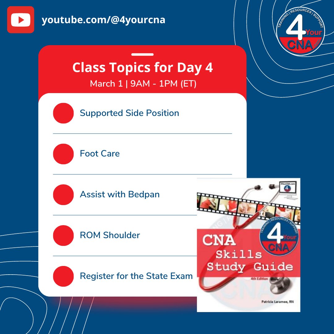 4yourcnavideos's tweet image. Tomorrow is Day 4! So excited to see you in class. Here are the topics for the live. See you at 9AM! Set your alarms⏰ This is a free class so come and join us 😊

Don't forget to follow us for more updates!
#4YourCNA #youtube #floridacommunity #cna #cnaproblems #cnalife