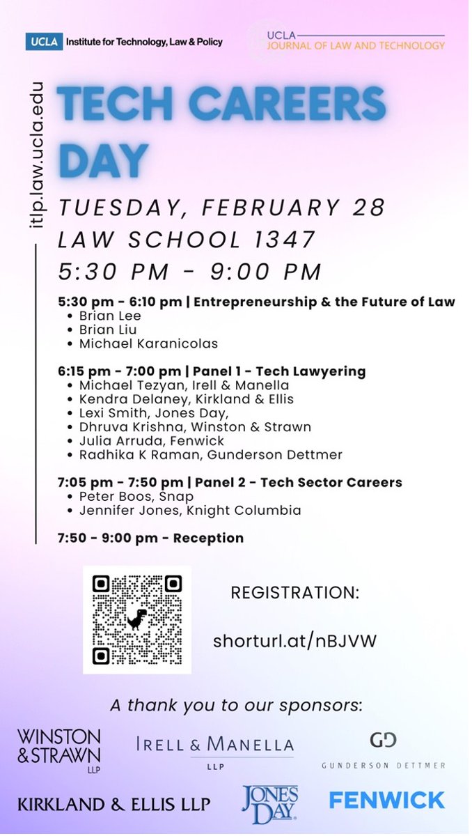 JoltUcla's tweet photo. A reminder that the JOLT &amp; ITLP Career Forum is TODAY. The event is from 5:30pm-9pm and will feature a keynote with the founders of LegalZoom, a law firm panel, and an in-house panel. There will be an outdoor reception following the panels. Sign up at: https://t.co/mlvOAvu10n https://t.co/mymZh6Kwd6
