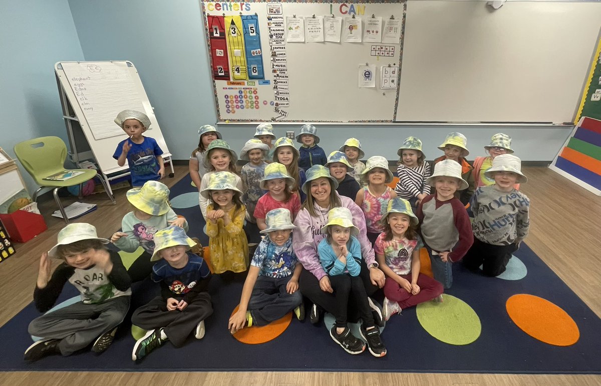 SLSDHarrisonEl's tweet photo. Tie-dye Tuesday at Harrison Elementary. Every student and staff member tie-dyed a hat to wear today and Thursday. https://t.co/PZMr3vsqHV