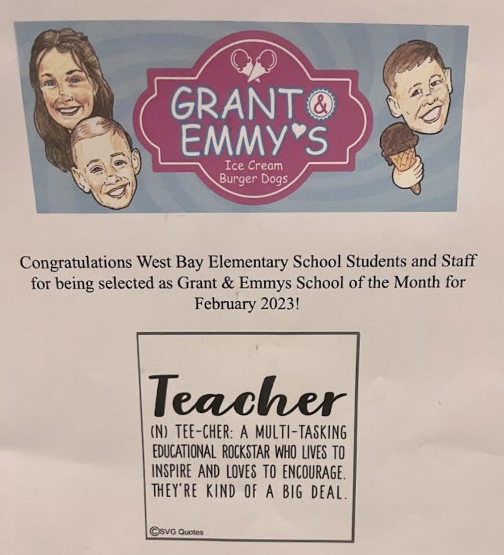 West Bay was selected as Grant and Emmy’s School of the Month! Mrs. Pearson’s class accepted the recognition today. All students will receive a coupon for a free ice cream or burger dog and all staff were given a Julio’s gift card! #EPSAchieves #WestBayWay