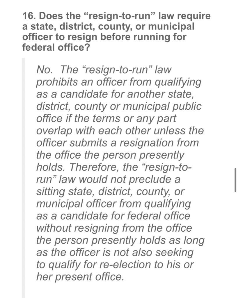 I did some digging and that is not true. DeSantis does not need to resign or wait for the “resign to run” law to be repealed. He can run at any moment 

votepinellas.com/Candidates-Com…