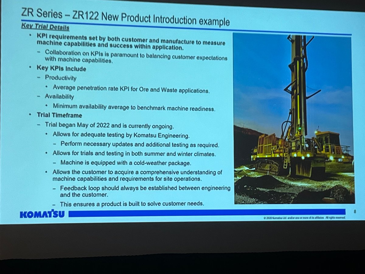 im_mining's tweet photo. Great talk from @KomatsuMining Mining Application Engineer Justin Bollini at #SME2023, going through the new product introduction phase of its state of the art #ZR122 blasthole drill in #Minnesota’s #Mesabi #IronRange, working to hit & exceed KPIs in ore & waste productivity https://t.co/HZcAJcFY0V