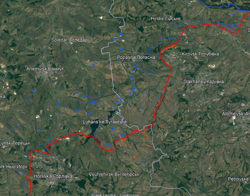 Seul lieu ou j'ai mappé les fortifications pro-russes, elles sont moins nombreuses, plus petites et plus espacés.