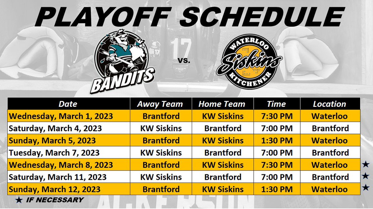 The @KWSiskins have finalized their playoff schedule for round one against the <a href="/BanditHockey/">Brantford Bandits</a> Game 1 is Wed. At 7:30 PM at the Waterloo Rec <a href="/DorothyMcCabe/">Dorothy McCabe (she/her)</a> <a href="/berryonline/">Berry Vrbanovic</a> <a href="/farwell_WR/">Mike Farwell</a> <a href="/DaveSchniderKW/">Dave Schnider</a> <a href="/519sportsonline/">519 Sports Online</a> <a href="/KMHA_All/">Kitchener Minor Hky</a> <a href="/Waterloo_Wolves/">Waterloo Wolves🐺</a> <a href="/CFifeKW/">Catherine Fife</a>