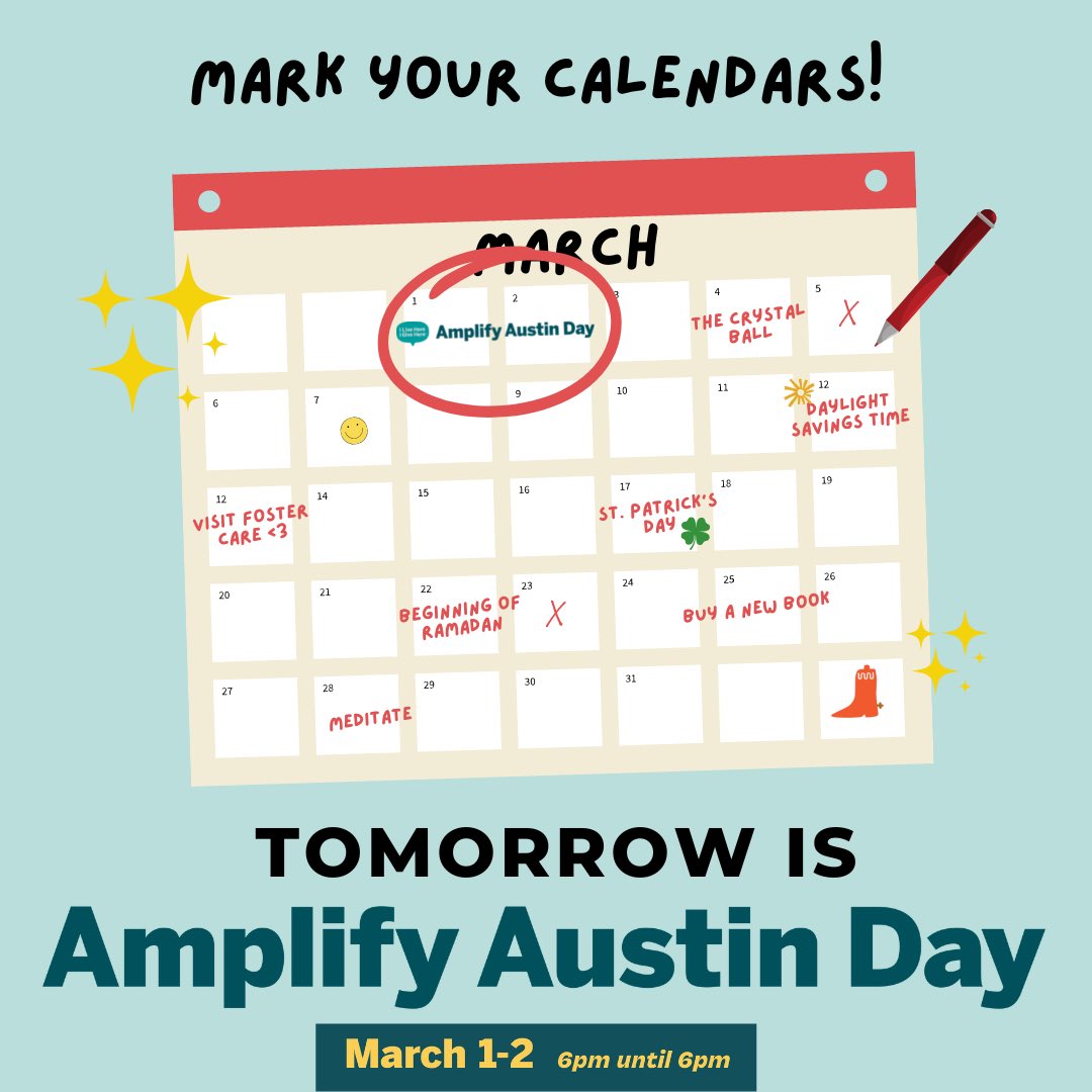 Mark your calendars! Amplify Austin Day starts tomorrow at 6pm. All donations help impact a child’s life. Thank you for all of your support and we will see you tomorrow at 6pm at amplifyatx.org/organizations/… .

#HopeHappensHere #AmplifyAustin #ILiveHereIGiveHere
