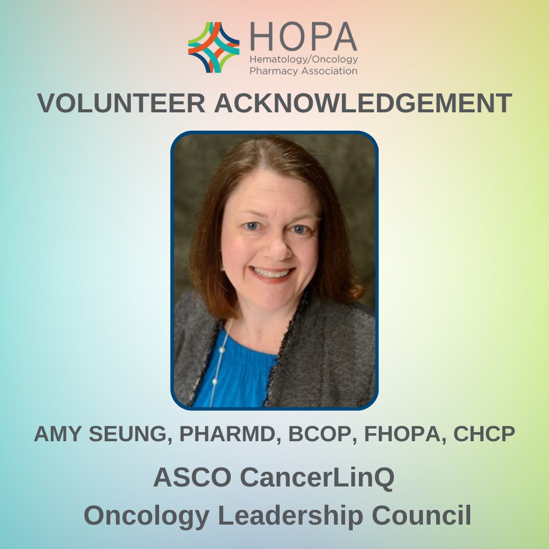 HOPArx's tweet photo. HOPA wants to acknowledge the volunteering work of some of our incredible members, who get involved with our strategic partners.
Amy Seung is finishing her time with the @ASCO CancerLinq Oncology Leadership Council this week, offering invaluable expertise and experience. https://t.co/sFj9urAZ55