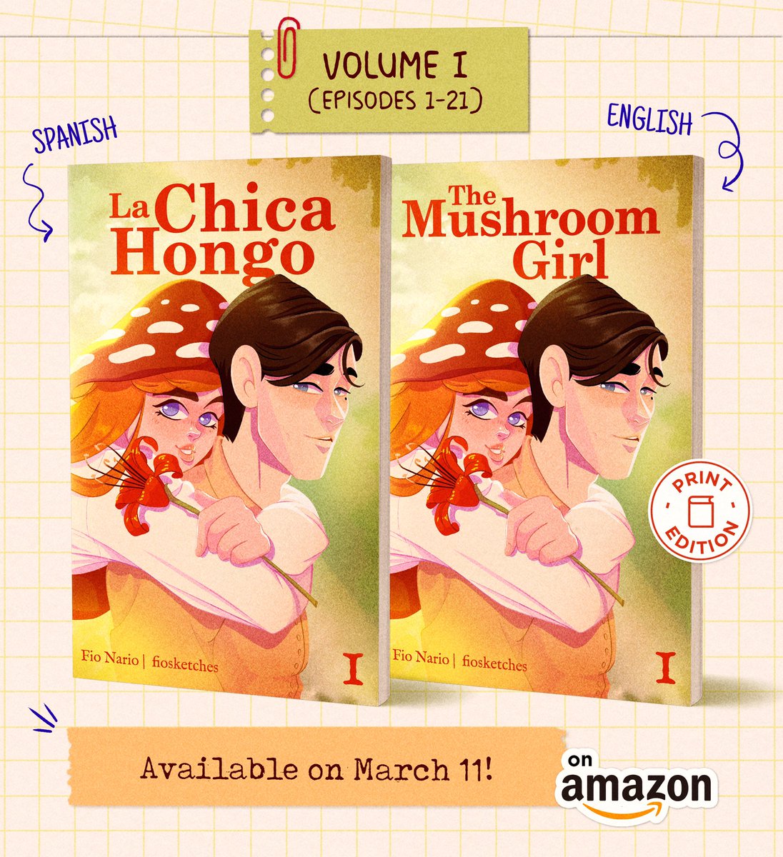 Long time no see, but I bring news… My Webtoon is coming to hardcover and paperback in the form of three volumes, both in English in Spanish! The first one collects episodes 1 to 21, and it will be out on Amazon on March 11! 🙌🥰
It's been a lot of work, but I’m suuuper happy 💖