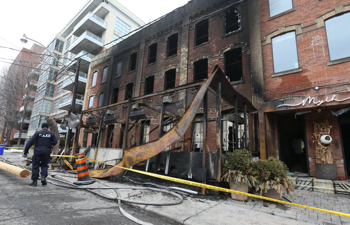 TorSunphoto21's tweet photo. Aftermath of what is being deemed a "suspicious" fire at Myth restaurant on Brant St. and King St. W that occurred around 4 a.m. https://t.co/LKSCQgvHEV #TorontoFireService https://t.co/wdXUbwo4ZJ