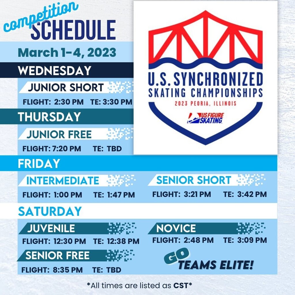 We are headed to Peoria for the 2023 US Championships! Junior opens the competition Wednesday afternoon, check link in bio for links to the livestream and results. 
#teamselitejrusa #synchronizedskating #synchroskating #teamselitesenior #usfigureskating #nbparks #ussynchrochamps
