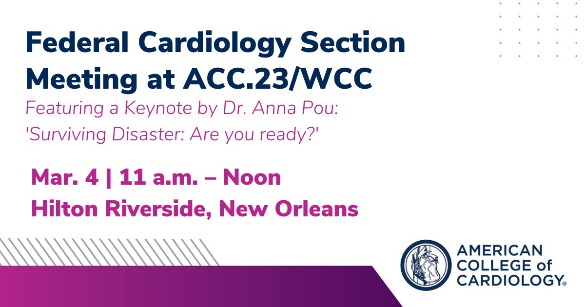 Add the #ACCCVFed Section Meeting to your #ACC23/#WCCardio agenda on Saturday, March 4 at 11 a.m. and hear from Dr. Ana Pou, who was a lead clinician at Memorial Hospital when Hurricane Katrina hit.

RSVP today: bit.ly/3ZqW7pX