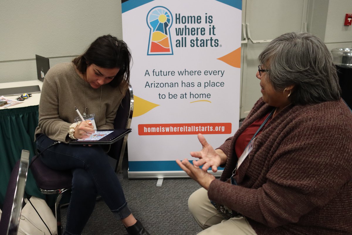 HomeiswhereAZ's tweet photo. Attendees of the AZ Housing Coalition conference get the very first reveal of the new public education campaign โHome is where it all starts.โ See how a graphic artist captures what home means individually & to the community. #RefocusReframe #Homeiswhereitallstarts https://t.co/idJLM2eSOD