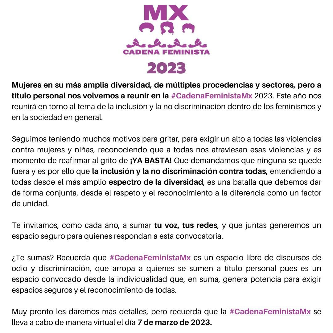 Este 7️⃣ de marzo forma parte de la #CadenaFeministaMx 2️⃣0️⃣2️⃣3️⃣ Este año exigimos poner un ALTO a los discursos de odio, por una vida libre de violencia para TODAS las mujeres. ¡Únete! #NosotrasSoloSumamos 🧡💚💜🏳️‍🌈🏳️‍⚧️♿️
