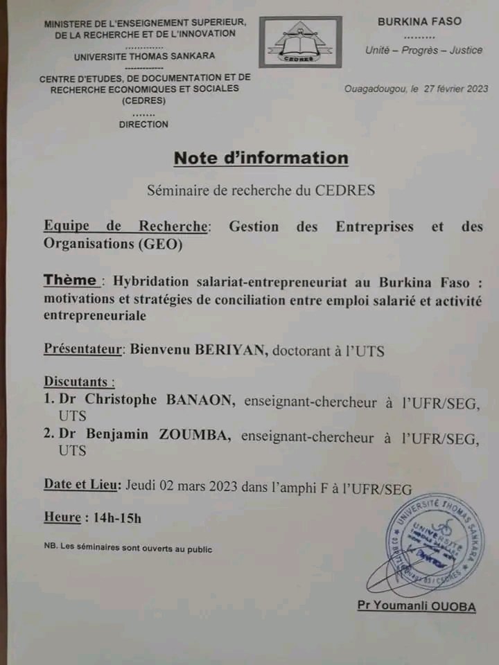 souleyman_amine's tweet photo. Seminaire scientifique du #CEDRES ce jeudi 2 mars à 14h.
#lwili
#BurkinaFaso https://t.co/NcRxKCZqP1