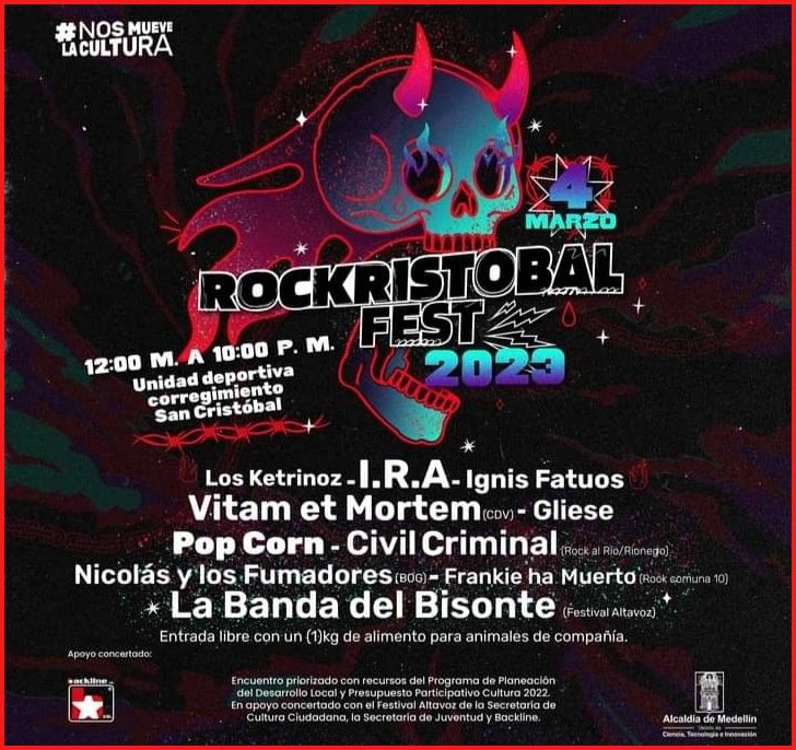 *** ROCKRISTOBAL FEST ***

Este sábado 4 de Marzo 🎸🎵

Corregimiento de San Cristóbal 🏘️