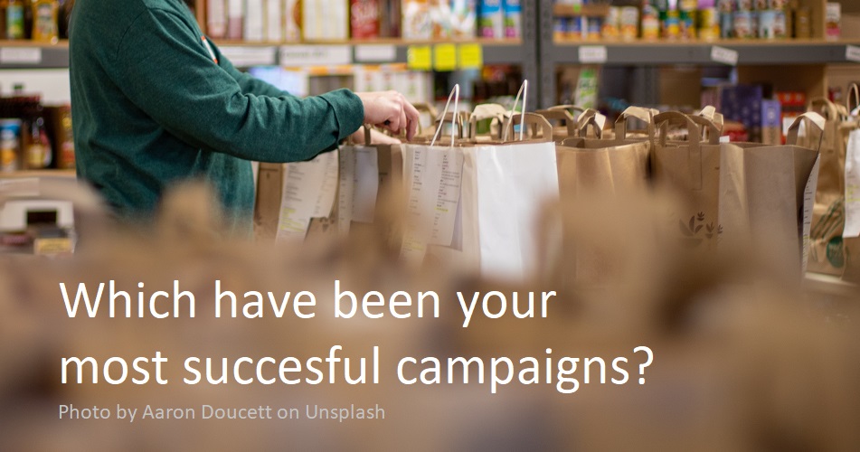 #TuesdayThoughts 
#charity #fundraising #NonProfit
Photo by Aaron Doucett, unsplash.com/@adoucett
[Image description: someone packing food into brown paper bags, with caption, Which have been your most successful campaigns?]