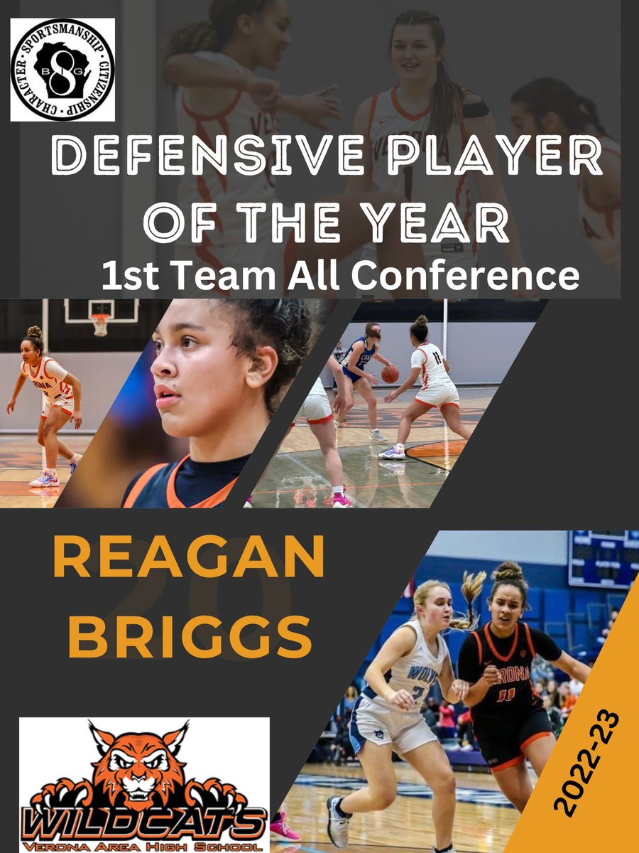 veronagirlsbb's tweet photo. Congratulations to @Reagan_briggs11 who earned the Big 8 Defensive Player of the Year! Reagan has worked so hard on her defense and often shut down the other team’s top scorers. Defense creates offense and that’s exactly what it did for Reagan and our team this season! #wisgb https://t.co/ukfkvaO9hv