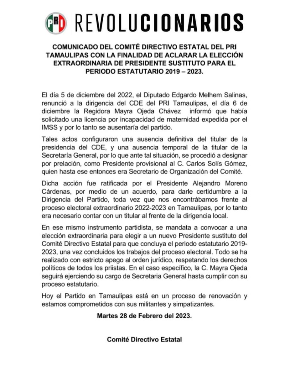 📣 Comunicado del Comité Directivo Estatal del PRI Tamaulipas con la finalidad de aclarar la elección extraordinaria de Presidente sustituto para el periodo estatutario 2019 - 2023.