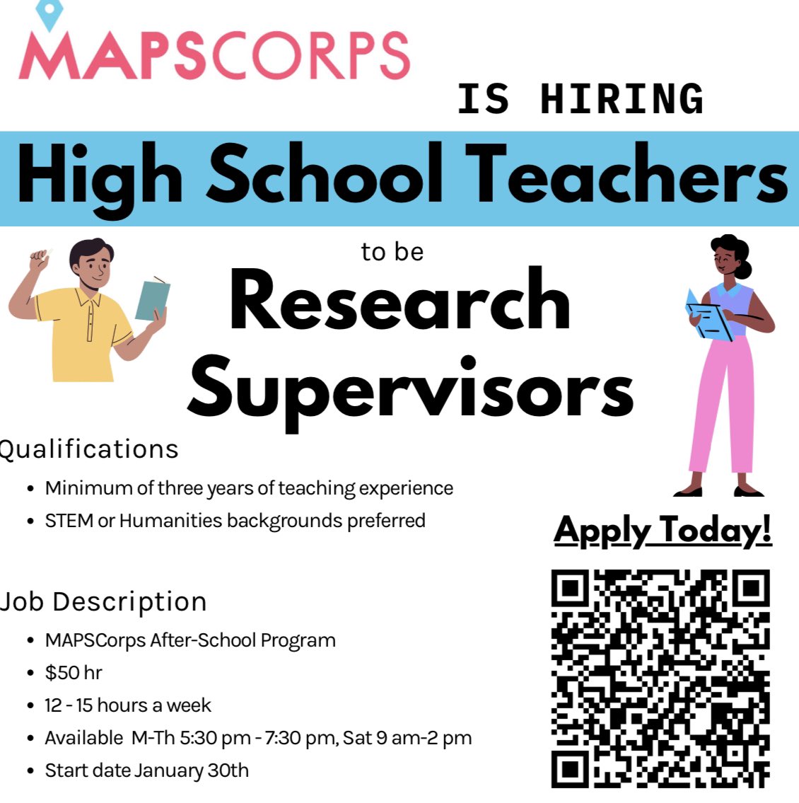 Join our team as a Research Supervisor and help inspire the next generation of researchers! We're looking for candidates with a minimum of three years of teaching experience, and STEM or Humanities backgrounds are preferred. #teacher #Chicago mapscorps.applytojob.com/apply/N6IeZy02…