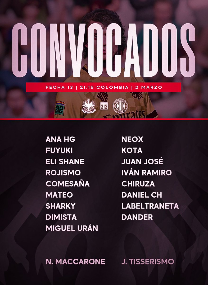 📋 Los convocados por la dupla técnica Maccarone-Tisserismo para el duelo de mañana ante Golden en el Quilmes Arena.

#VamosAndino | <a href="/LaLiga21Of/">La Liga 21</a> 🦅
📺 twitch.tv/laliga21