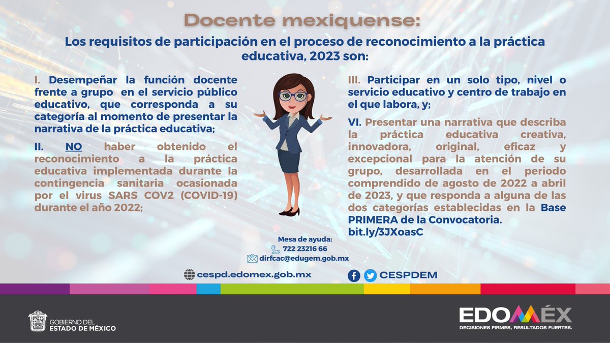 CESPDEM's tweet photo. #DocenteMexiquense, si estás interesado o ya participas en el proceso de reconocimiento a la práctica educativa 2023, toma en cuenta que debes cumplir con los siguientes requisitos. https://t.co/nzFL8XESZ0