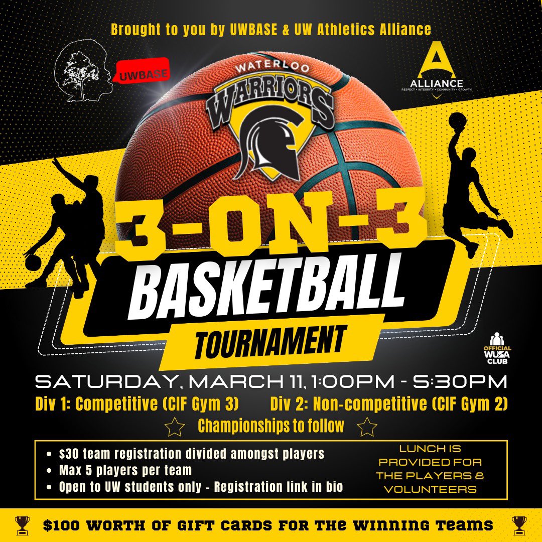 UWaterloo BASE (@uw_base) on Twitter photo UWBASE Family, Let’s play ball🤩
In collaboration with UWaterloo Athletics Alliance ⛹🏾♀️⛹🏾 <a href="/wlooalliance/">TheAlliance-University of Waterloo Athletics & Rec</a> we will be having a “ 3-on-3 Basketball Tournament 🏀 “ on March 11th 2023
from 1:00pm - 5:30pm. Come join us✨ and stand a chance to win $100 worth of gift cards UWBASE Family, Let’s play ball🤩
In collaboration with UWaterloo Athletics Alliance ⛹🏾♀️⛹🏾 <a href="/wlooalliance/">TheAlliance-University of Waterloo Athletics & Rec</a> we will be having a “ 3-on-3 Basketball Tournament 🏀 “ on March 11th 2023
from 1:00pm - 5:30pm. Come join us✨ and stand a chance to win $100 worth of gift cards