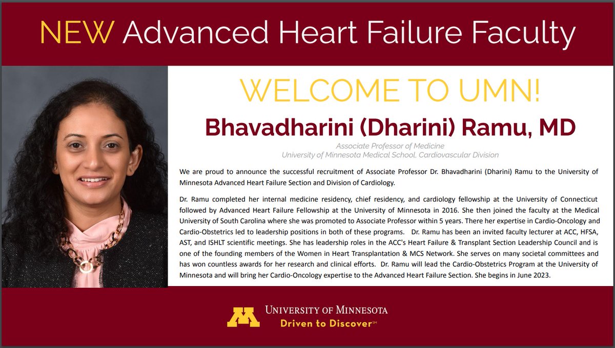 It's official! We are welcoming @DhariniRamu back to University of Minnesota Advanced HF Team. We will be stronger for it, and I cannot wait to see what this team can accomplish. 💪 @HungarianHFDoc @megfrasernp @msmutschler @JessSchultzMD @RanjitJohnMD @ForumKamdar