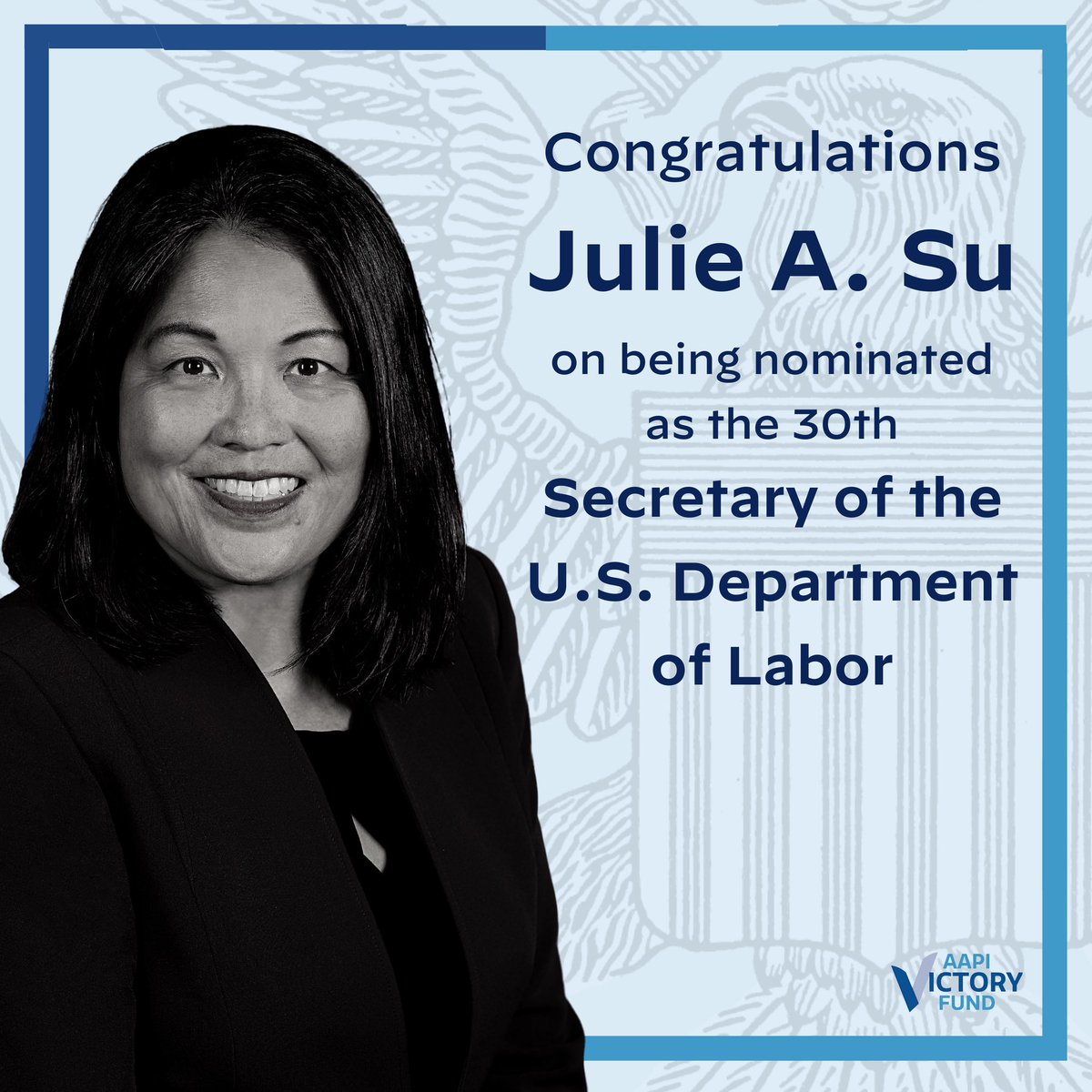 AAPIVictoryFund's tweet photo. Congratulations to Julie Su on being nominated as the 30th Secretary of @USDOL. Thank you @POTUS for keeping your promise of building a cabinet that reflects America. If confirmed, Julie will be the 1st #AANHPI Secretary in the #BidenHarris administration.

#RepresentAsian #USDOL https://t.co/Kl25beCQOM