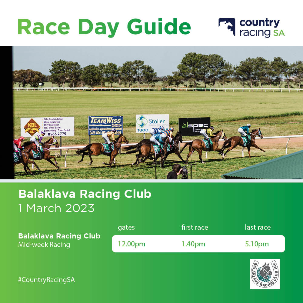 CountryRacingSA's tweet photo. It’s a new month and we are start March in Balaklava! 😎
Here is your Race Day Guide for today’s action! 🏇
#CountryRacingSA #Balaklava #MidNorth #SouthAustralia #WhatsOn #HorseRacing https://t.co/9wKS6ciMHg