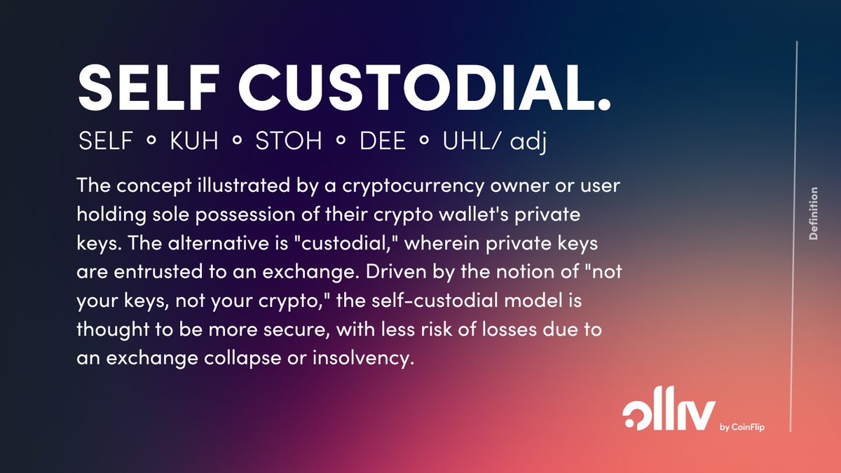 CoinFlip's tweet image. Self-custodial wallets &amp;amp; services require you to ensure private keys are entered correctly during each transaction. You hold your own #privatekeys and are responsible for maintaining the keys’ security &amp;amp; privacy. 

Learn more about #SelfCustodial wallets: bit.ly/3J9W5xD