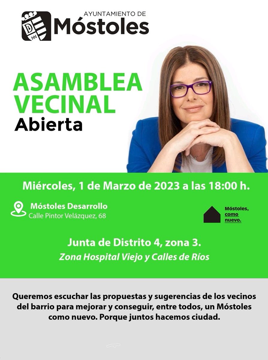junta_oeste's tweet photo. Mañana miércoles 1 de marzo celebramos otra Asamblea Vecinal Abierta donde podréis hacer llegar todas vuestras propuestas, quejas y sugerencias para seguir haciendo un #MóstolesComoNuevo. 
¡¡Os esperamos!!
@Noelia_posse 
@ruiz_marisa https://t.co/Bbwdlp7YLP