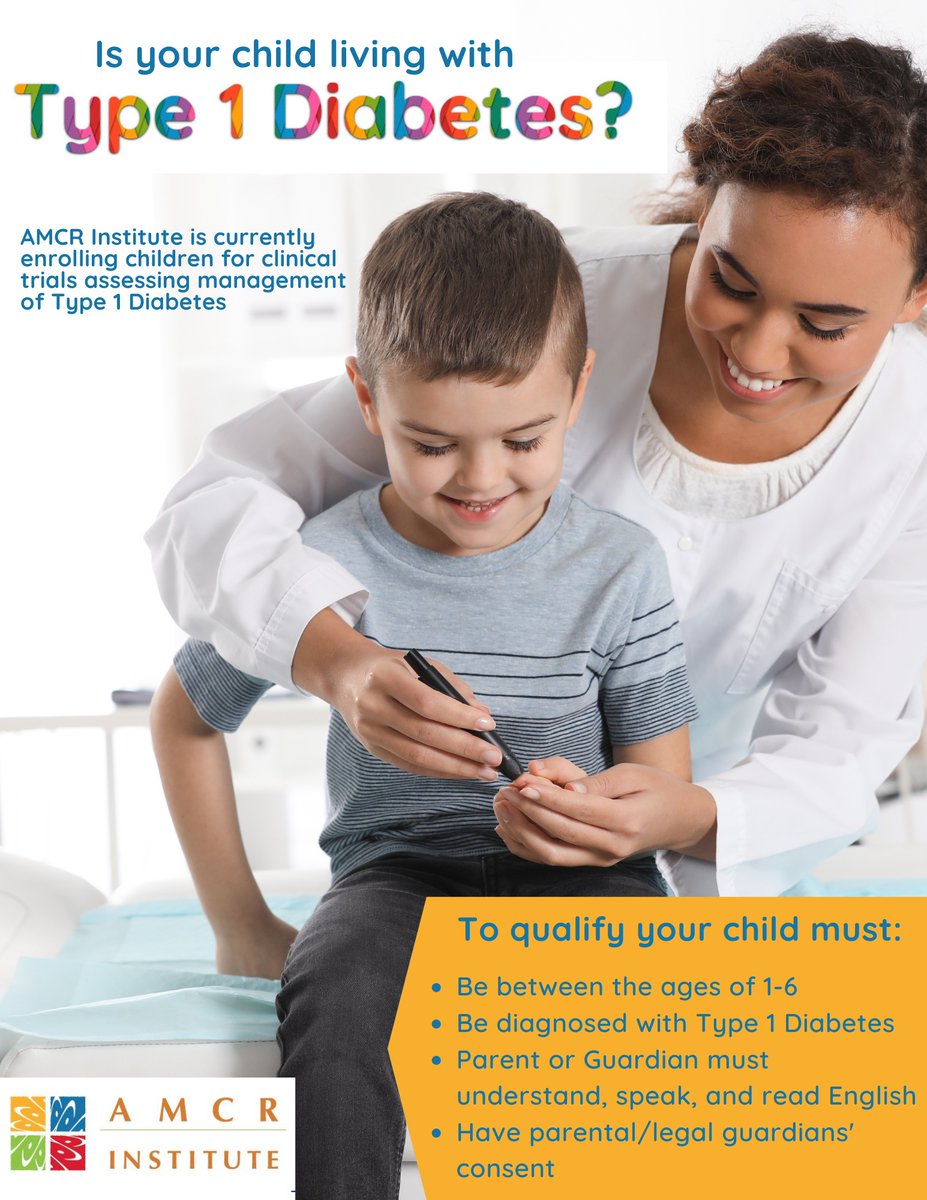 Is your child living with Type 1 Diabetes (T1D)? AMCR Institute is currently enrolling children for clinical trials assessing the management of T1D

Learn more &amp; see if you qualify: bit.ly/3XRjOXJ

#myAMCR #DiabetesResearch #ClinicalResearch #ResearchStudyVolunteer #T1D