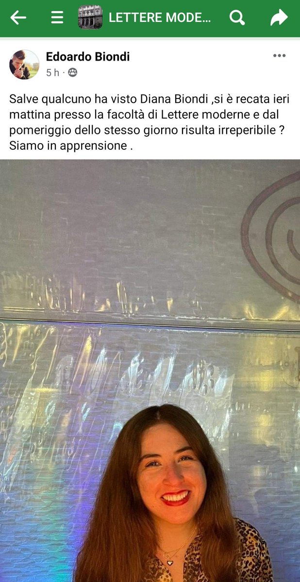 abcdeced's tweet photo. ⚠️⚠️RAGAZZA SCOMPARSA⚠️⚠️

DIANA BIONDI

È iscritta alla facoltà di Lettere Moderne alla Federico II.
Se avete contatti con persone che frequentano la sua facoltà o che potrebbero conoscerla fate girare la foto.

Se avete informazioni contattare: +39 331 877 6262 https://t.co/DJuTAlx8Ef
