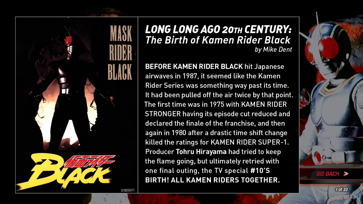 Even more extras!
A new historical essay about the series by <a href="/Mach_Dent/">Mach Dent</a>!

Plus...
A vintage clip of the show that will activate the modern DX Kingstone Belt collectible.
&amp; a preview of the sequel series, Kamen Rider Black RX!