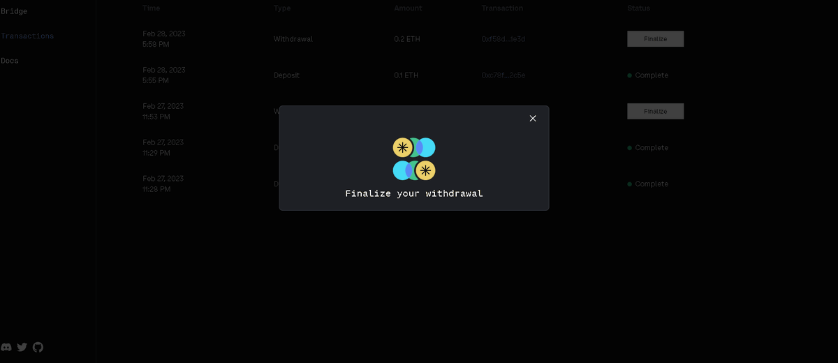 tagnftcrypto's tweet photo. if your bridge seems "lost" go in transactions, and just confirm your withdrawal by signing the message in your wallet. It'll turn to Finalize once done. Then click on Finalize (if you can't, refresh the page) and confirm the signature in your wallet, it'll complete the action. https://t.co/Dl0hRUByP7