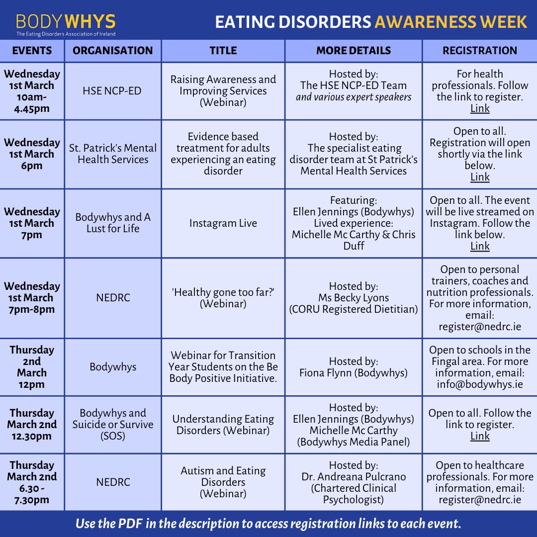 Don't forget it's #EatingDisorderAwarenessWeek this week! Lots of helpful and great webinars to log into and expand our knowledge and awareness of #eatingdisorders . A nod to my own team from @StPatricks presenting tomorrow evening at 6pm with @bodywhys #EDAW2023 💜🦋