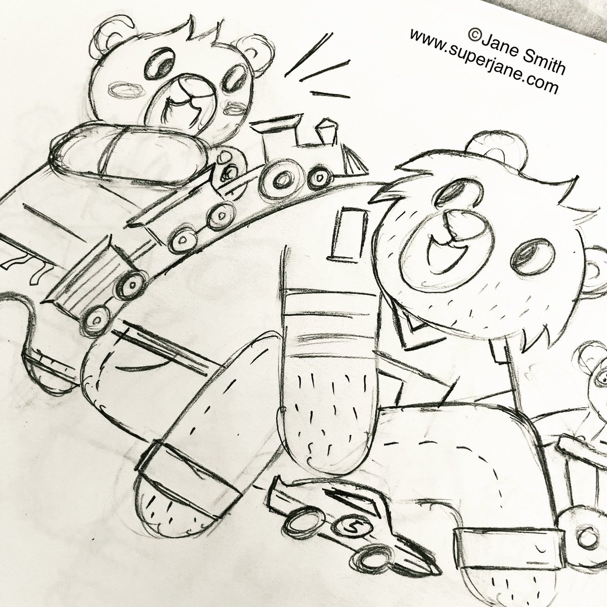 SuperJaneArtist's tweet photo. Drawing day in the studio! ✏️📓🖤©️Jane Smith @StimolaLiterary @allidhellegers #draw #kidlit #childrensbookillustration #sketch #characterdesign #picturebookartist #kidlitsketch #creativelife #inthestudio #doodle #wip #artistatwork #bear #play #ilovetodraw https://t.co/gmKqkxGNi6