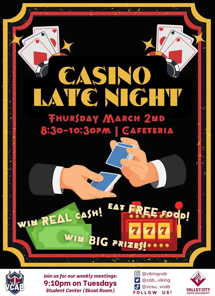 Join us for CASINO NIGHT! ♠️♥️♣️♦️
•
⏰ 8:30–10:30PM || Thursday, March 2nd
📍 Student Center (Café)
•
#CasinoNight #VCAB #CampusActivities